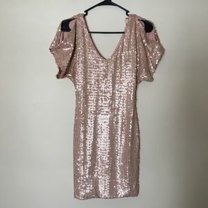 Rose Gold Sequined Cold Shoulder Bodycon Dress